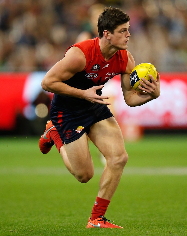AFL 2016 Rd 05 - Melbourne v Richmond MELBOURNE, AUSTRALIA - APRIL 24: Angus Brayshaw of the Demons in action during the 2016 AFL Round 05 match between the Melbourne Demons and the Richmond Tigers at the Melbourne Cricket Ground, Melbourne on April 24, 2016. (Photo by Michael Willson/AFL Media)